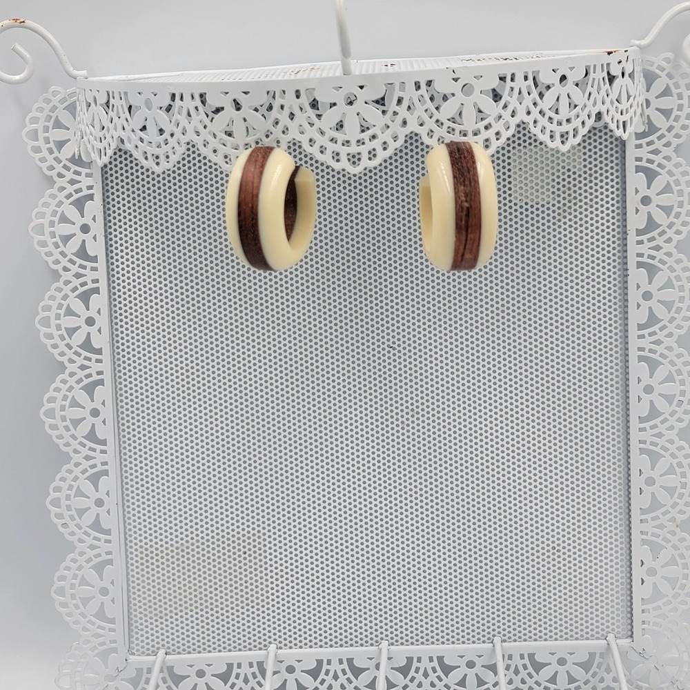 Vtg Wooden Resin‎ Inlay Hoop Earrings Boho Minimalist Nature Handmade